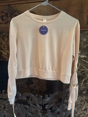 SweatyRocks Women's Pale Pink Cropped Tie-Sleeve Sweatshirt